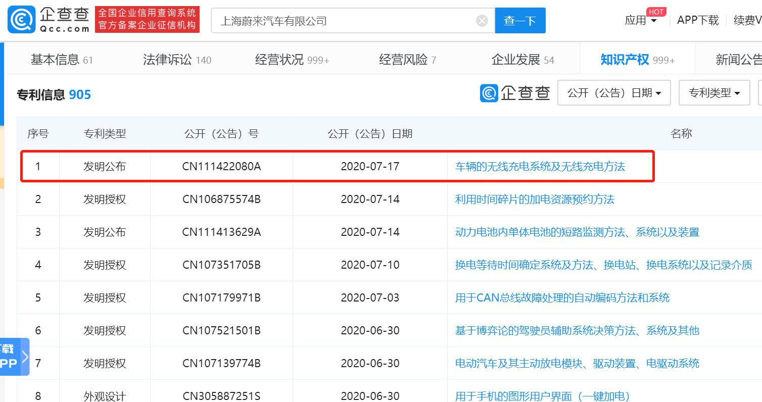 蔚来汽车申请“无线充电”专利